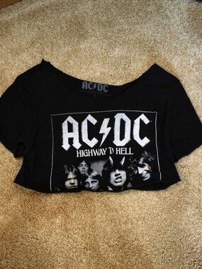 AC/DC Raw Hem Cutoff Black Crop Top Graphic Highway to Hell Cotton T-Shirt Small